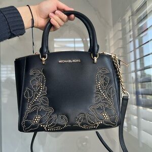 Michael Kors Ellis satchel purse with gold studded floral design